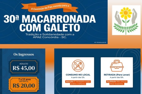 APAE Concórdia promove a 30ª Macarronada com Galeto no dia 13 de setembro